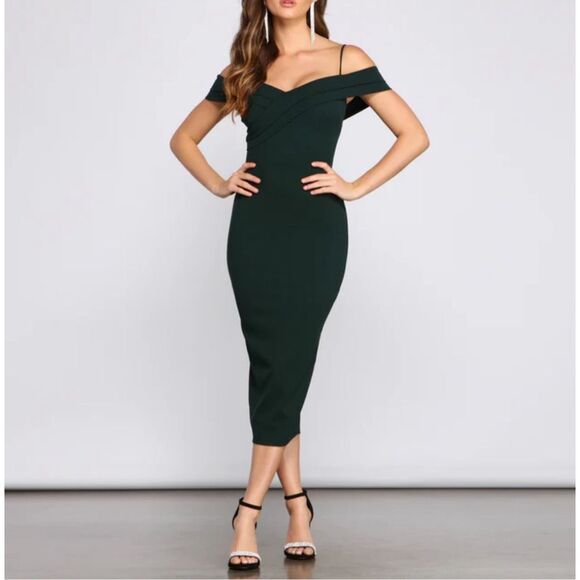 Windsor Green Pleated Off The Shoulder Slit Back Lined Midi Dress Size XL - Picture 1 of 12